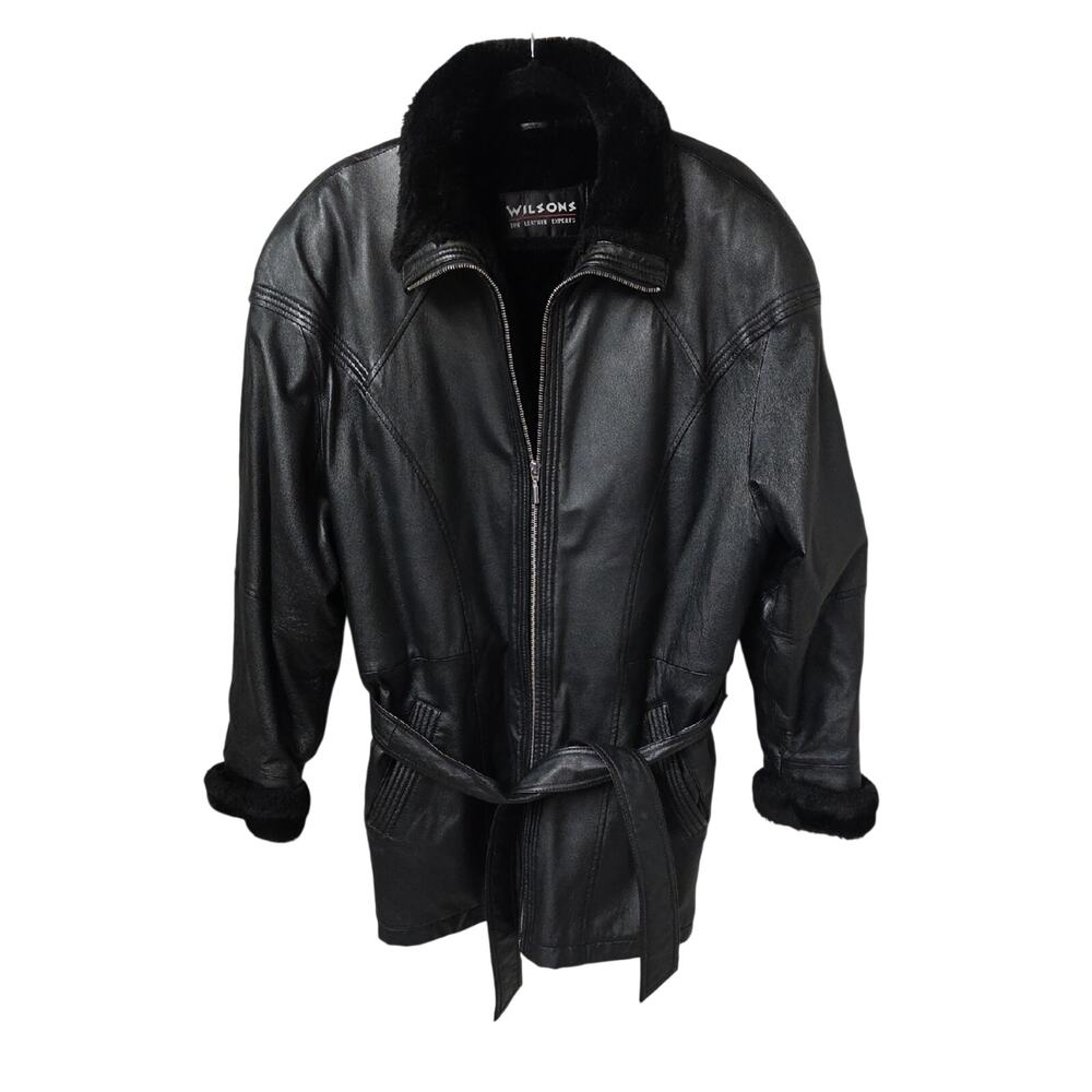 Wilsons Leather Black Leather Jacket Faux Fur Collar/Cuffs Belted Waist Womens L